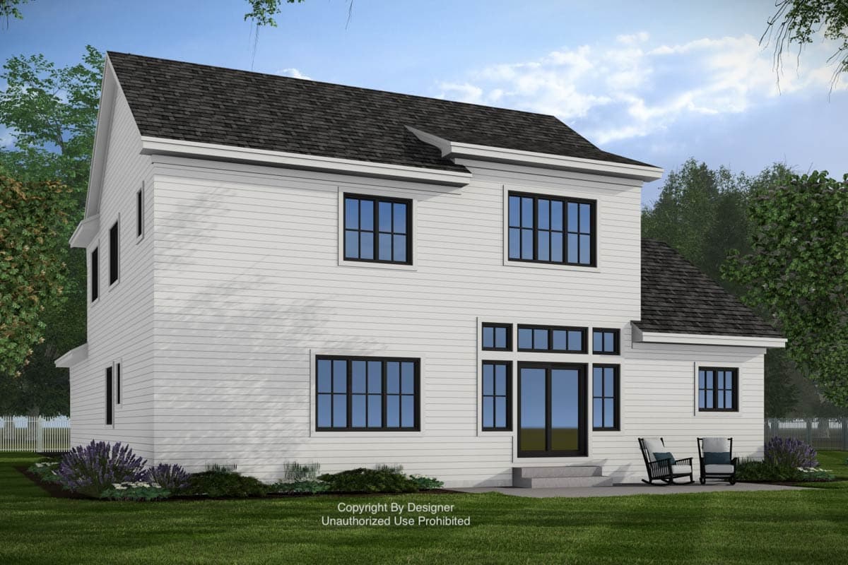 Two-story house plan exterior with white siding, gabled roof, and black-framed windows. Includes a double door and patio.