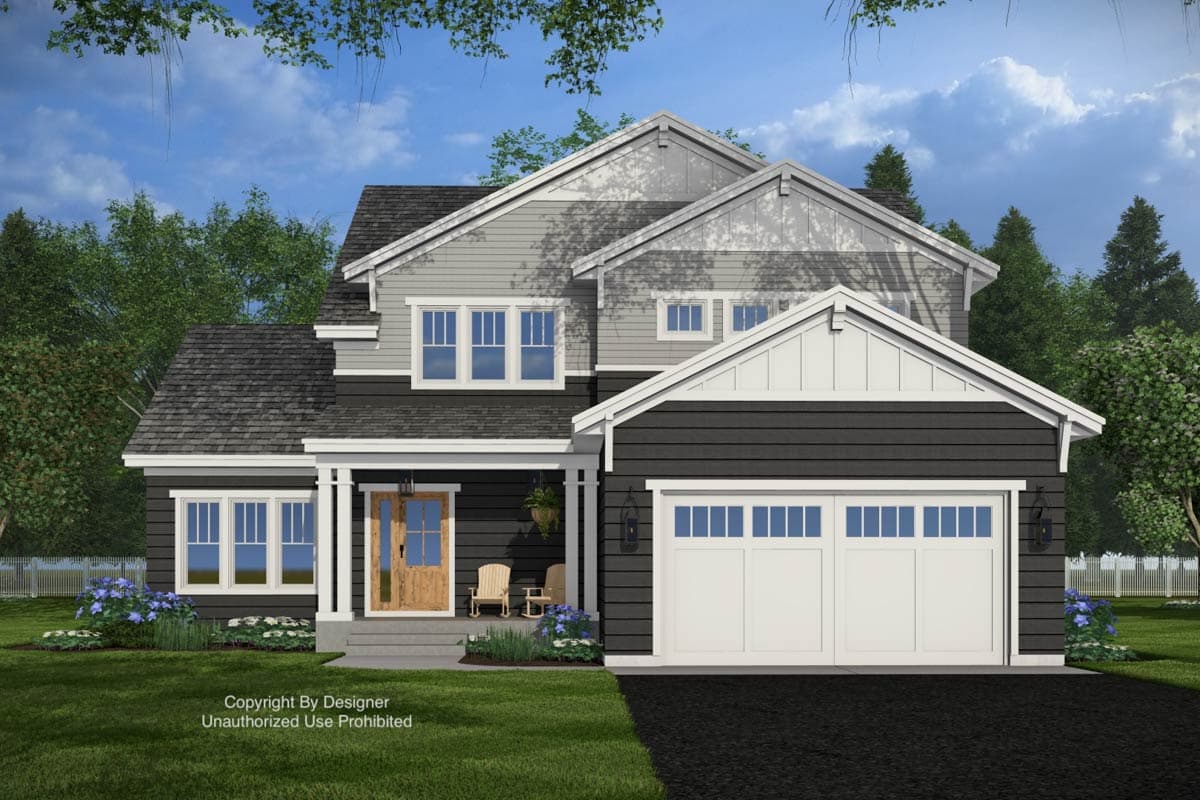 A modern two-story house with gray and black siding, white trim, and a two-car garage. A wooden door and porch with chairs are featured.