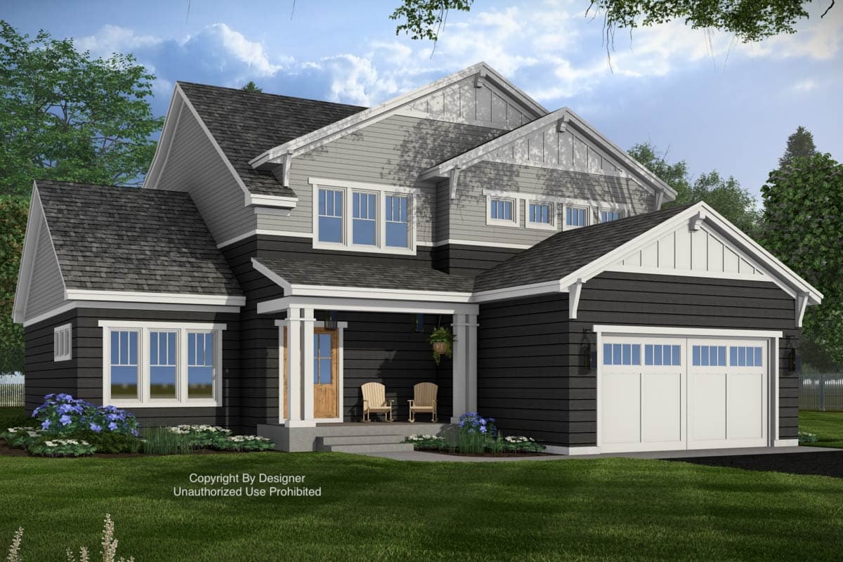 House plan exterior: Two-story home with a covered porch, gables, and a two-car garage. Architectural style appears Modern Farmhouse.