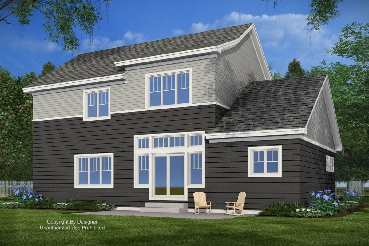 Modern Farmhouse house plan exterior, two stories, with mixed siding, prominent gables, and a central sliding glass door.