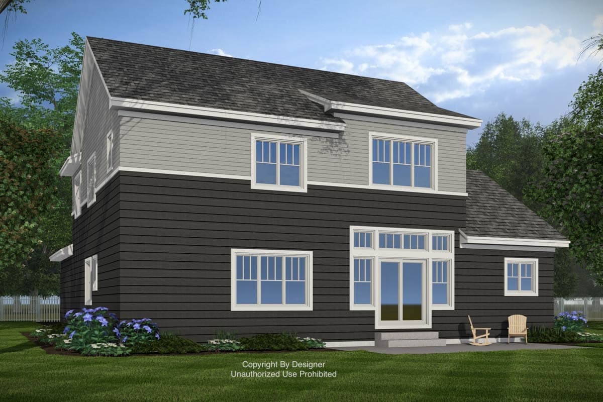 House plan exterior view of a two-story home with a prominent gable, varied siding colors, and large windows.