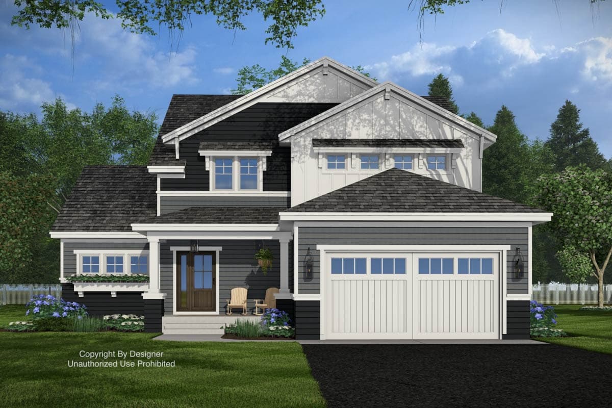 Modern Farmhouse house plan exterior with a covered porch, gable rooflines, and a two-car front-facing garage.