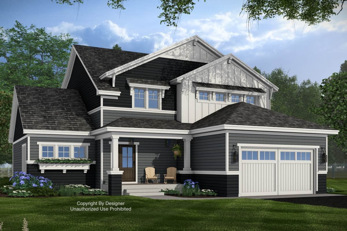 House plan exterior: Two-story Modern Farmhouse with front porch, gables, dormers, and attached two-car garage.