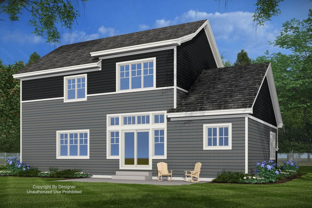 House plan exterior: Two-story home with gables, dormers, large windows, and a double door access to the yard.