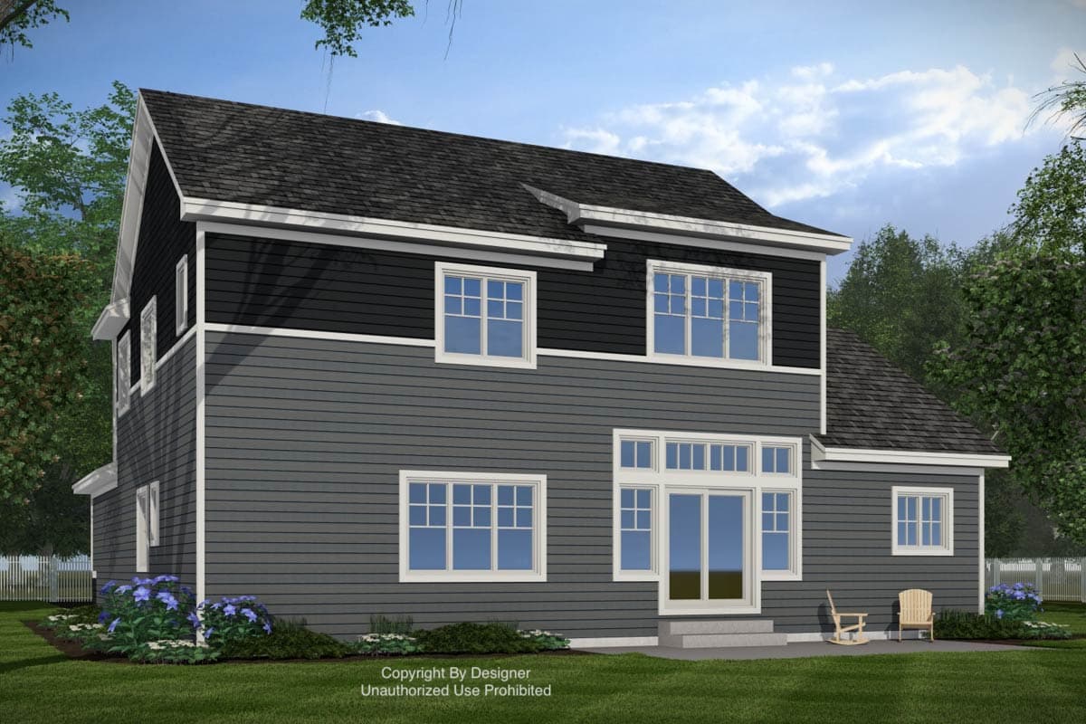 House plan exterior, two-story home with gabled roof, dark horizontal siding on upper level, light siding below, and multiple windows.