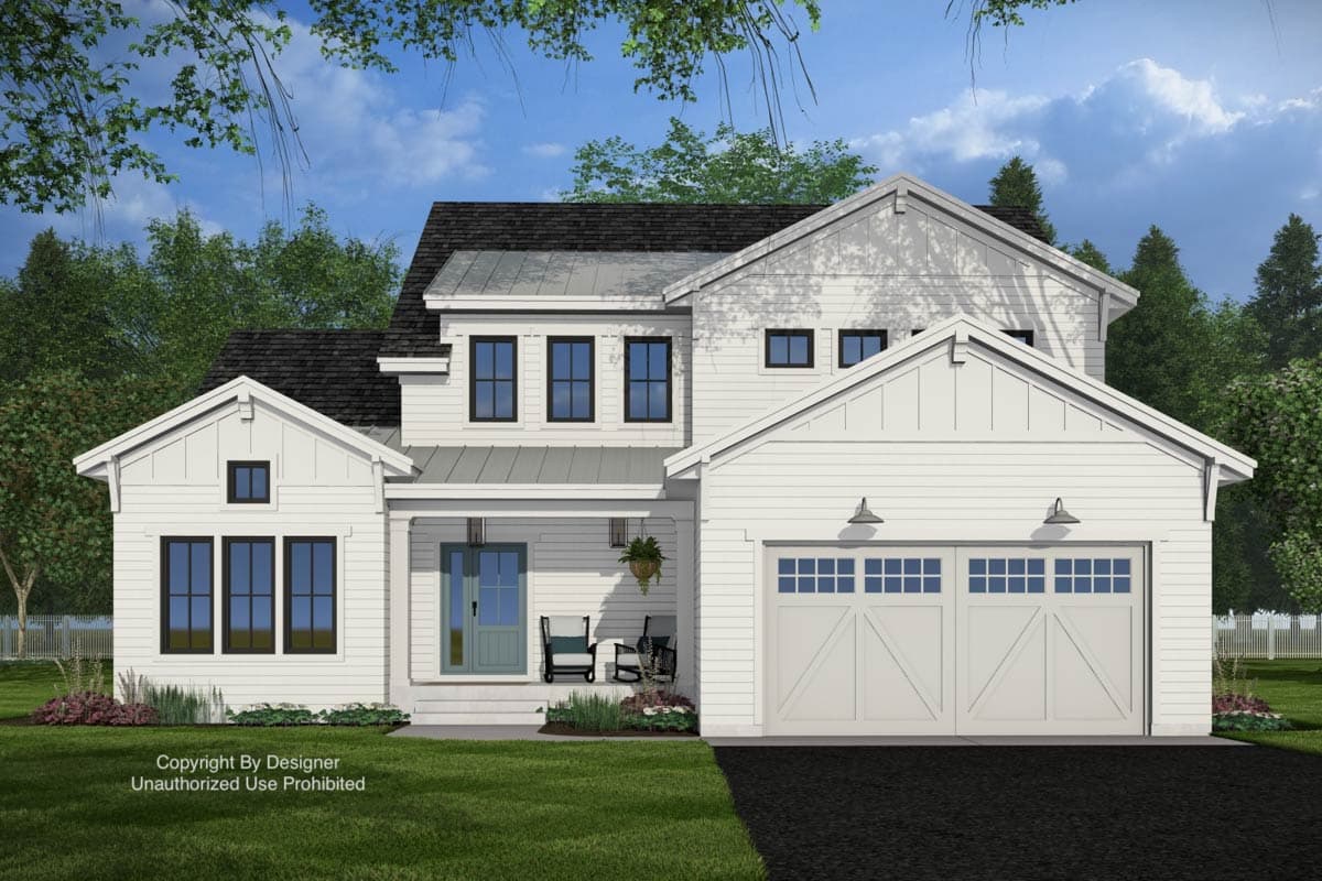 A white, modern farmhouse style house with black-framed windows, a welcoming porch, and a two-car garage, nestled amongst green trees.