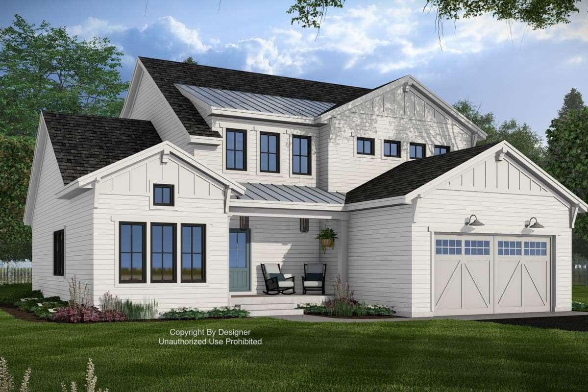 Modern Farmhouse style house plan exterior with two stories, gabled rooflines, covered porch, and a two-car garage.