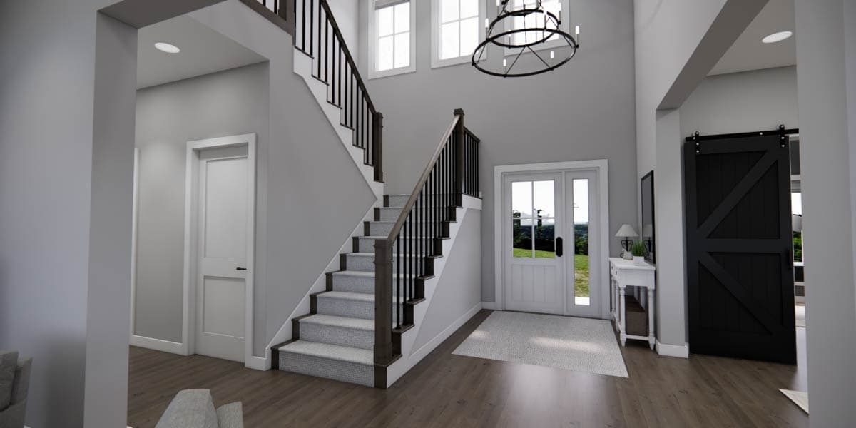 Interior rendering of a two-story foyer with a staircase, barn door, and double front doors.