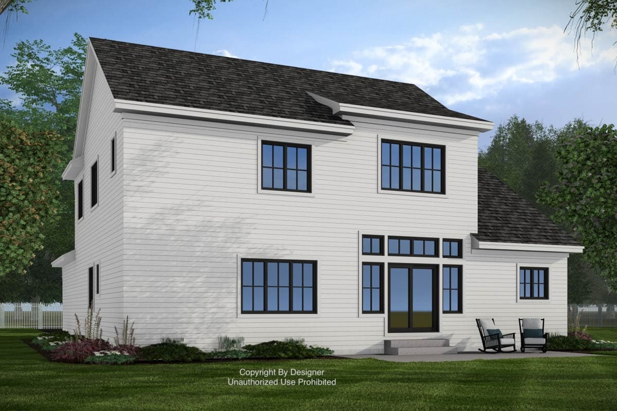 House plan exterior: Two-story Modern Farmhouse with gabled roof, white siding, and multiple windows including a large rear glass door.