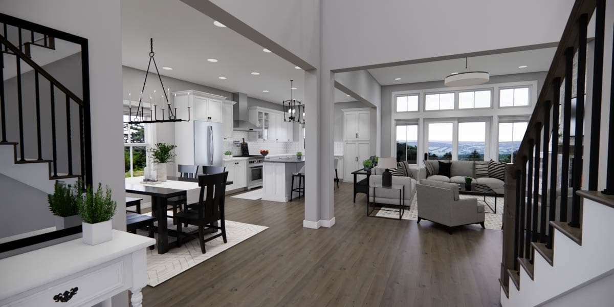 Interior rendering of open-concept living, dining, and kitchen area with a staircase, island, and large windows.