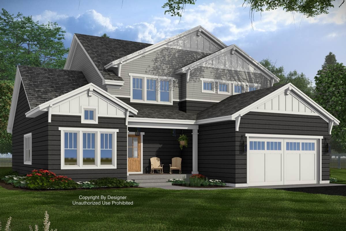 House plan exterior: Two-story modern farmhouse with gables, a covered porch, and a side-entry garage.