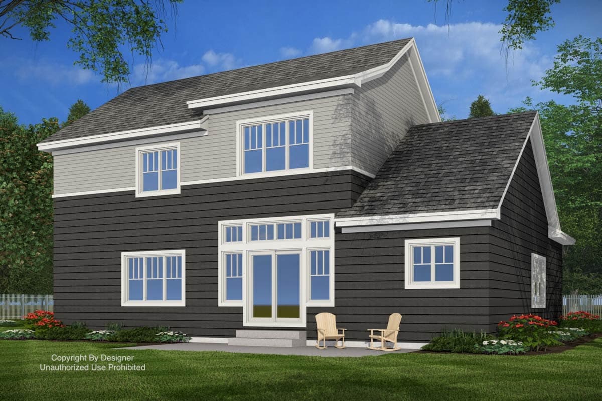 House plan exterior view, two stories, dark horizontal siding, white trim, multiple windows, and a gable roof.