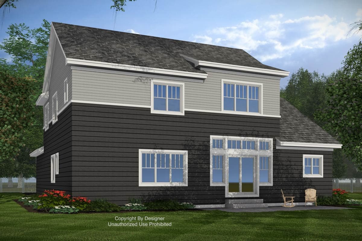 House plan exterior: Two-story modern house with dark horizontal siding below light gray siding, multiple gables, and a large multi-panel door.