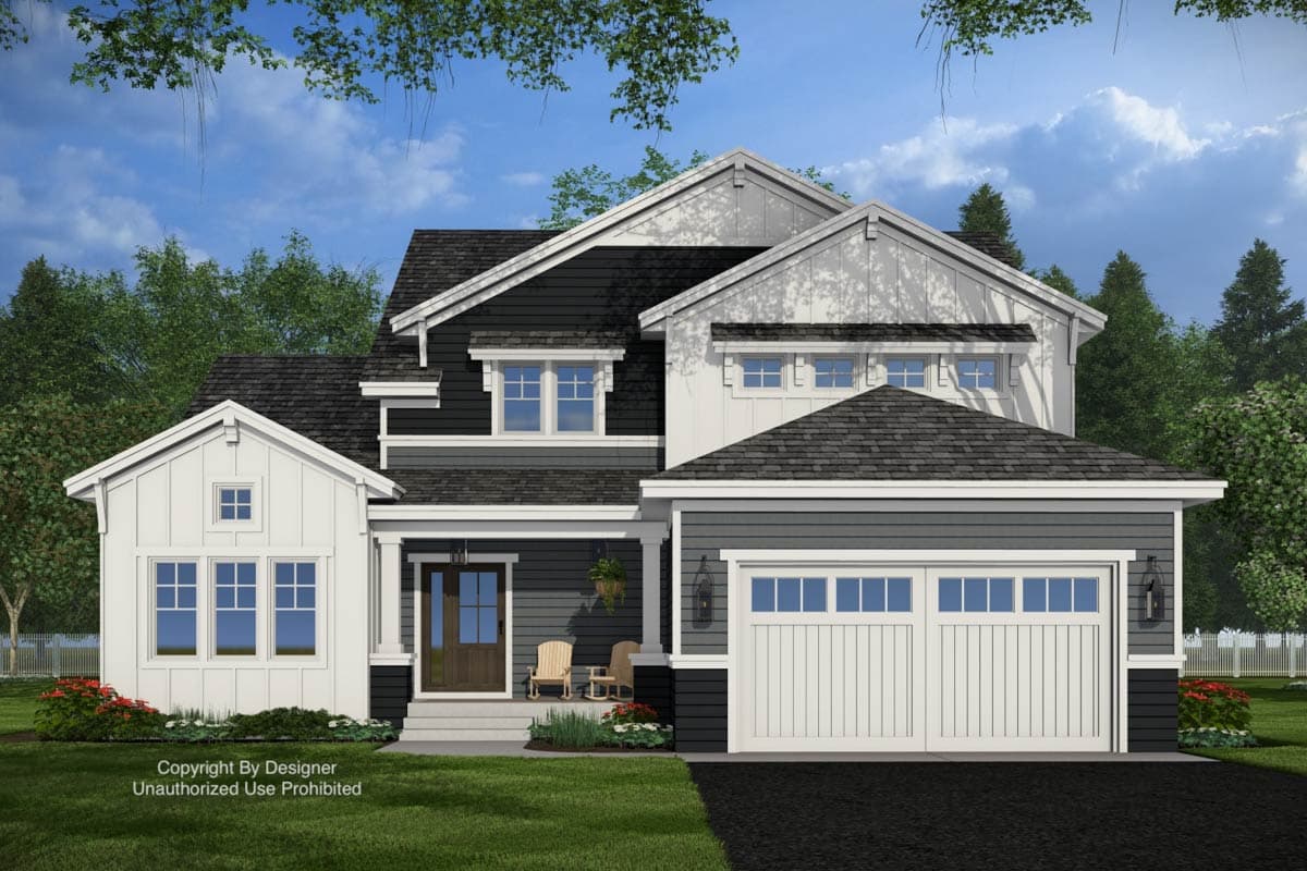 A modern two-story house with a white and gray exterior, featuring a gabled roof, two-car garage, and a welcoming front porch with rocking chairs.