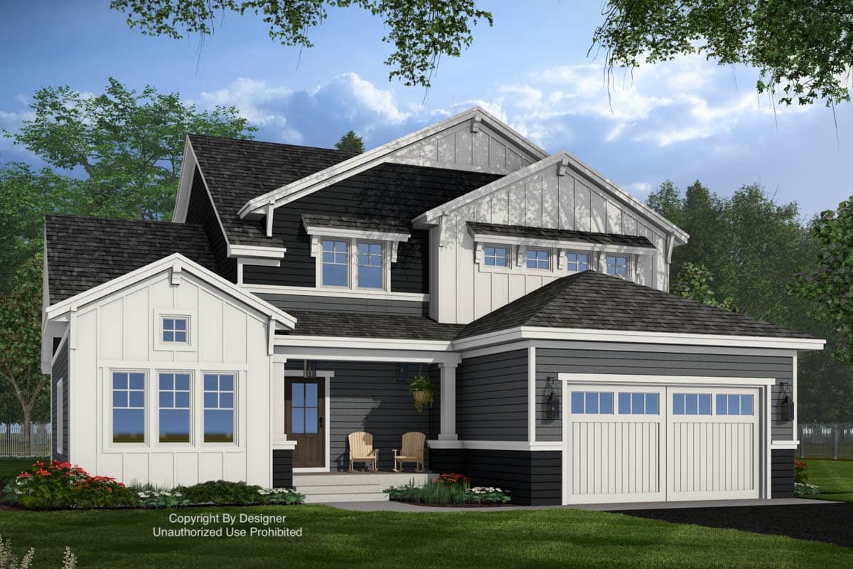 House plan exterior: Modern Farmhouse style, two stories, featuring board and batten siding, gables, dormers, and a two-car garage.
