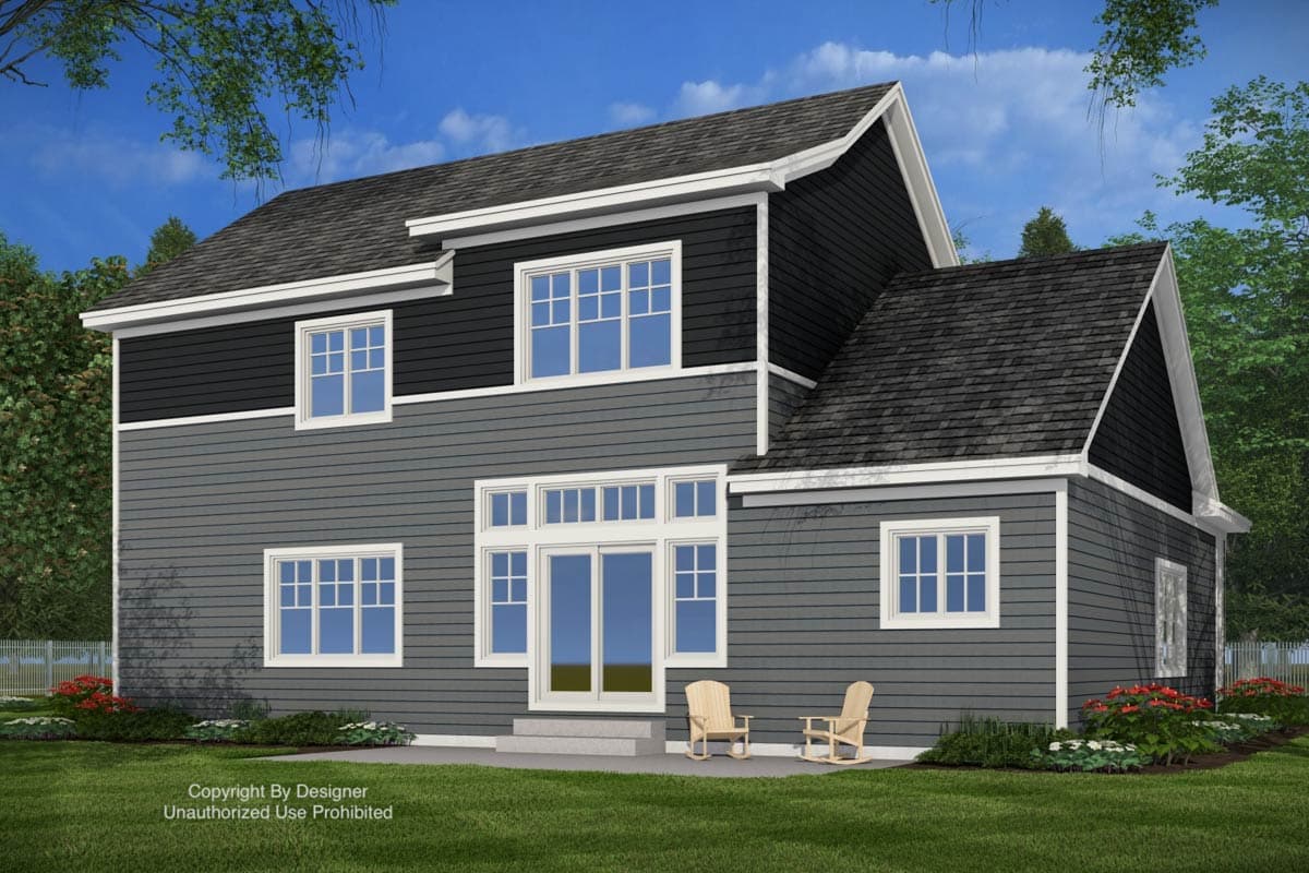 House plan exterior: Two-story Modern Farmhouse with gables, multiple windows, and a central patio door.