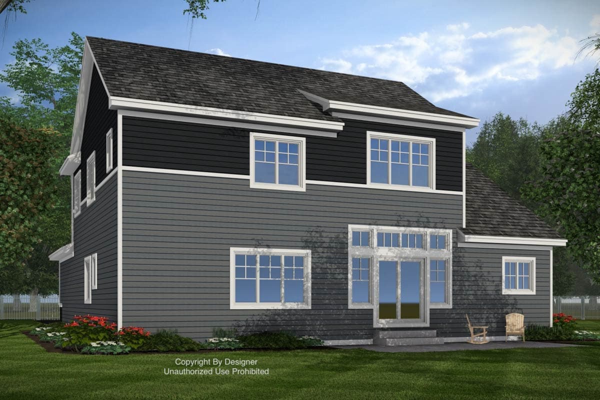 House plan exterior rendering: Two-story home with a prominent gable, contrasting siding, and a multi-pane door system.