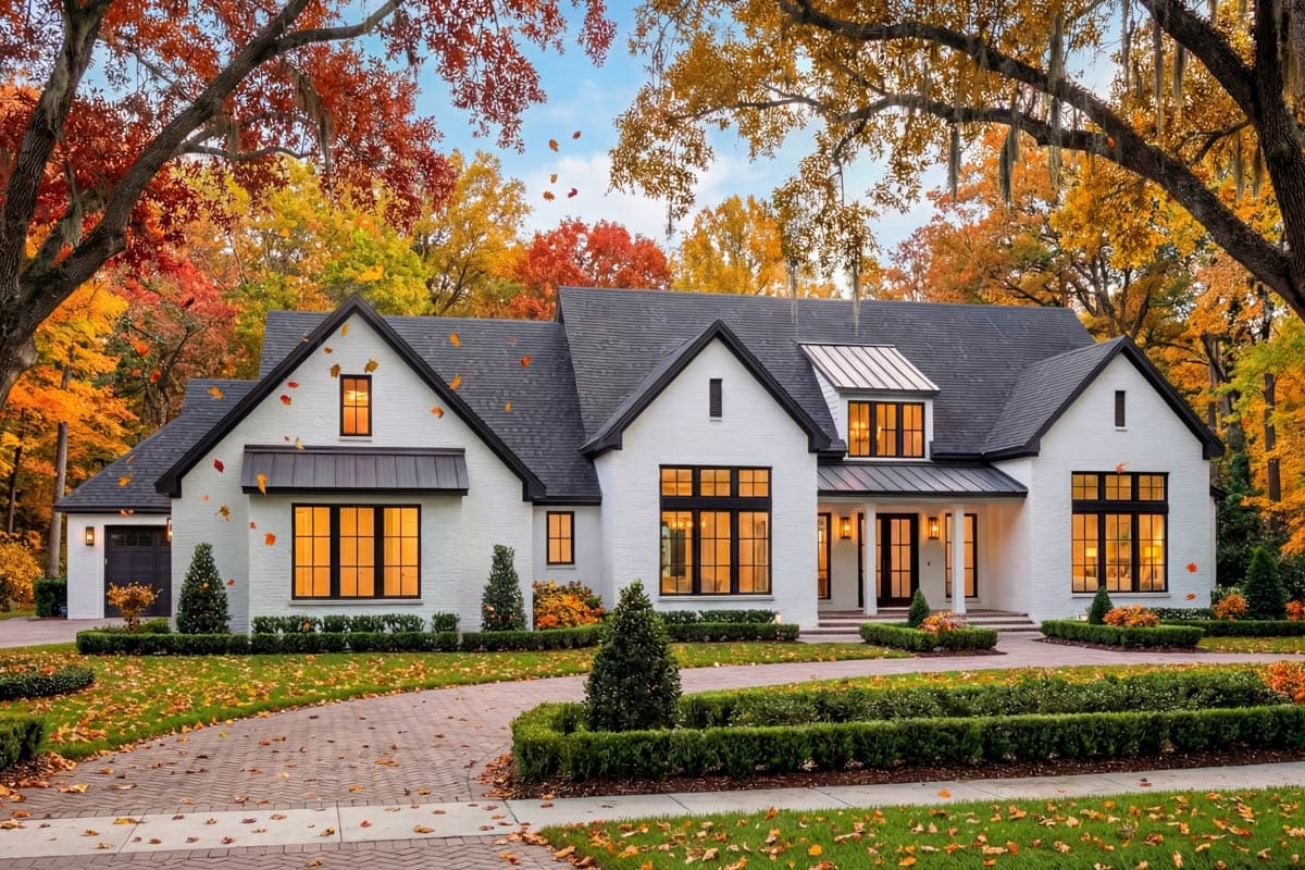 Modern Farmhouse style house plan exterior with white brick, gables, dormer, and attached garage. 118 characters.