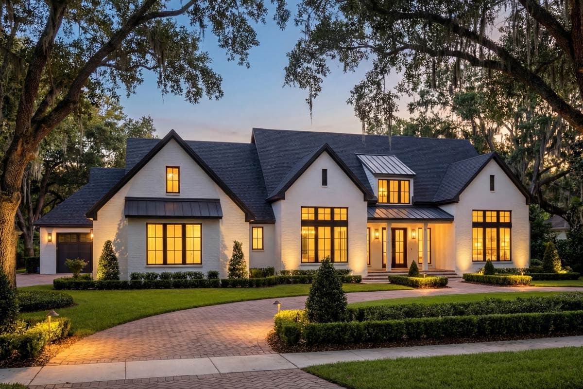 House plan exterior: White brick, gabled roof with metal dormers, large grid windows, and covered porch.