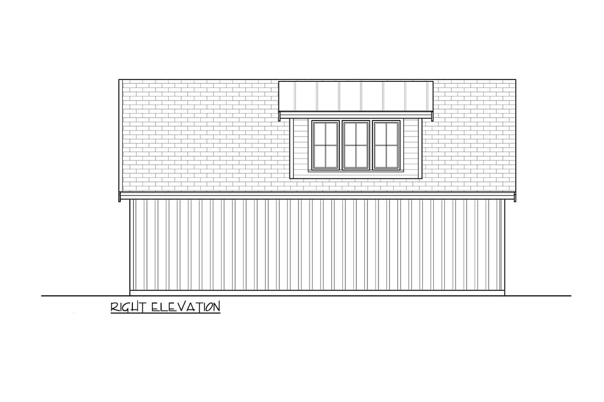 Right elevation drawing of a house with a shingled roof, a dormer with triple windows, and vertical siding.