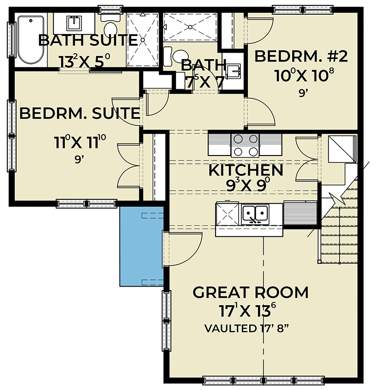 Plan 280260JWD: Cozy 2-Bedroom Cottage Craftsman House Plan with Loft and Two-Story Great Room - Floor Plan - Main Level - Cottage, Country, Craftsman, Modern Farmhouse, New American