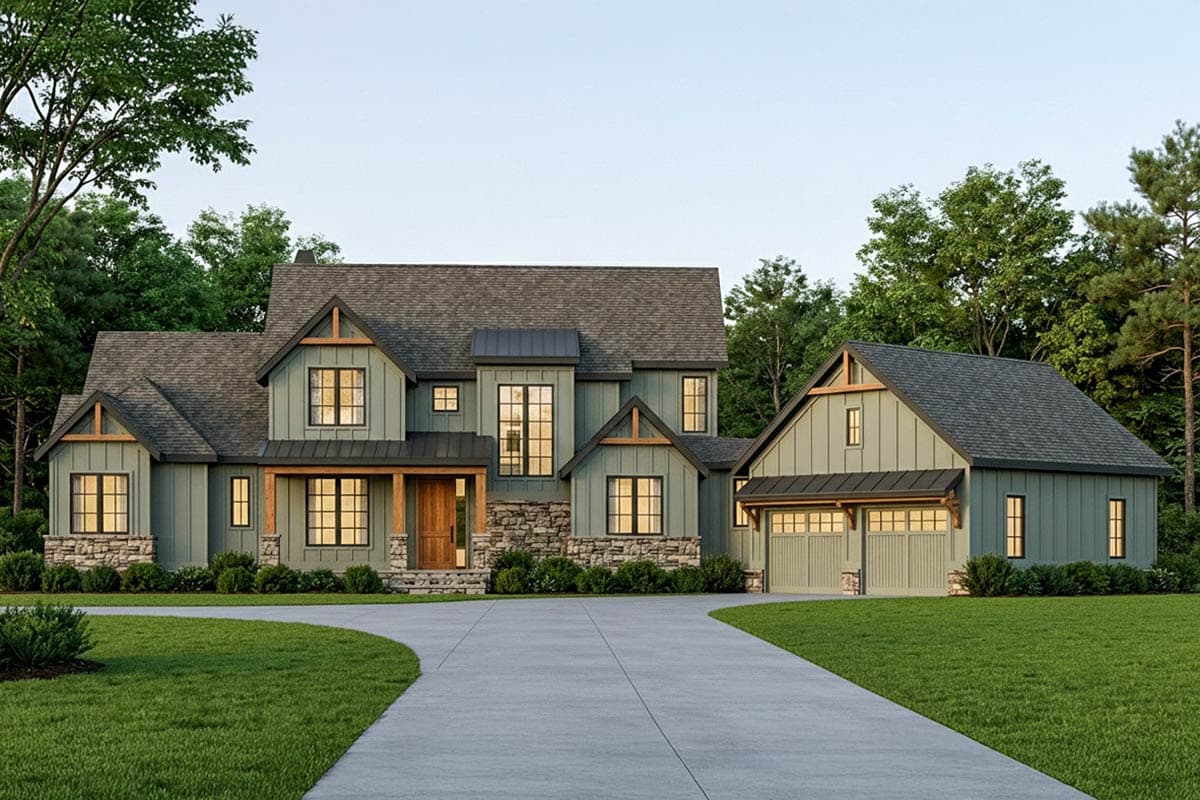 Modern Farmhouse house plan exterior with stone accents, gables, a covered porch, and a side-entry two-car garage.