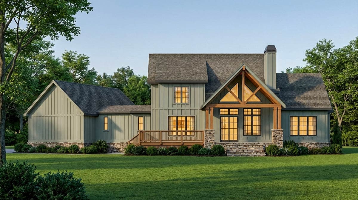 House plan exterior rendering of a two-story modern farmhouse with stone foundation, board and batten siding, large gabled entrance, and deck.