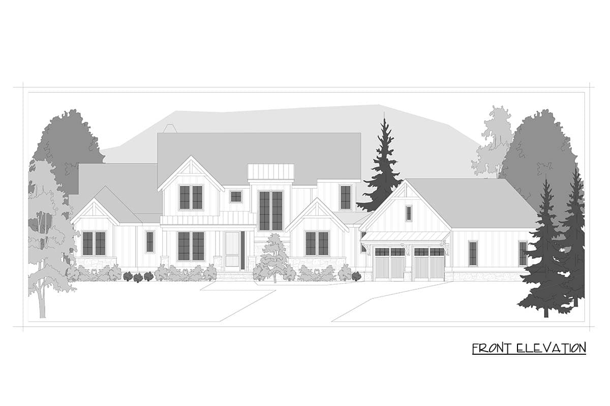 Front elevation drawing of a two-story Modern Farmhouse with a covered front porch, multiple gables, and a three-car side-entry garage.