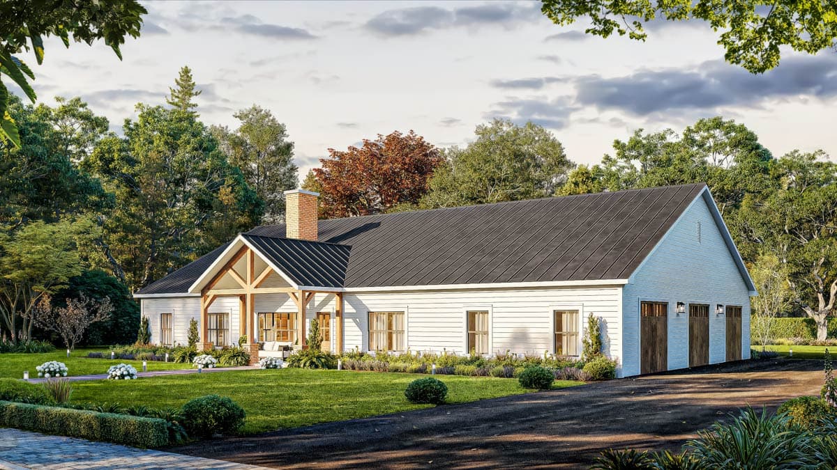 House plan exterior: Ranch style, white siding, exposed wood beams on porch, brick chimney, and a three-car garage.