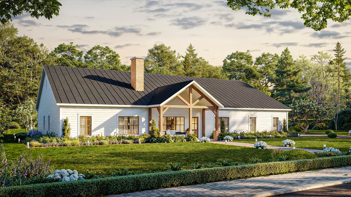 Modern farmhouse style house plan exterior with a gable roof, prominent chimney, and exposed rafter porch.