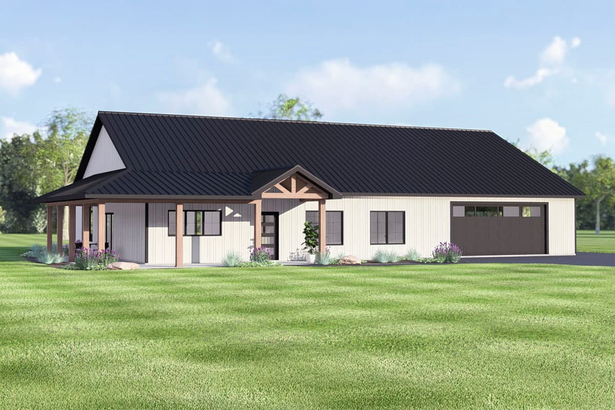 A modern one-story home with white siding, black roof, and a covered porch. The house has a garage and sits on a grassy lawn.