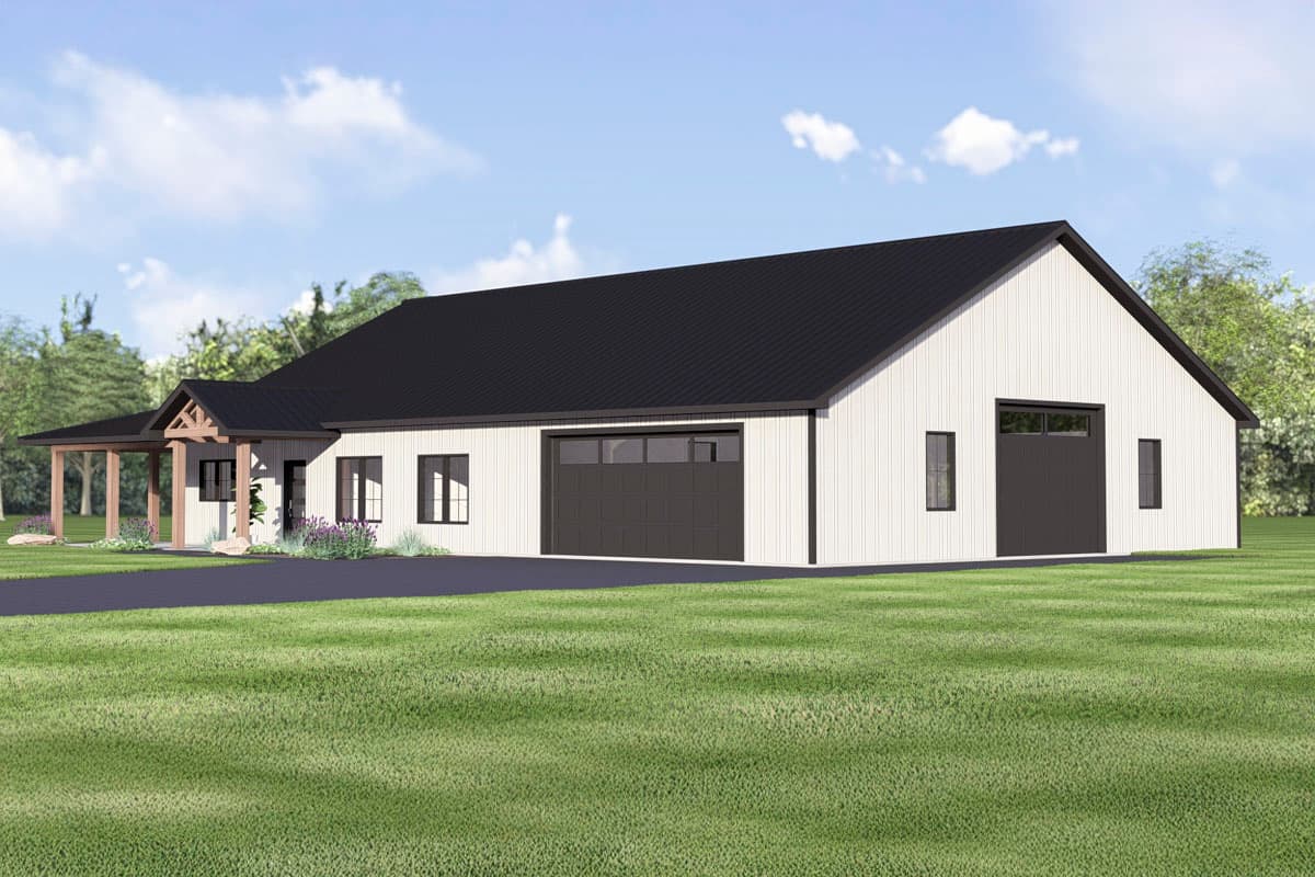 House plan exterior: Modern Ranch style, one story, with a covered porch, gabled entry, and two garage bays.