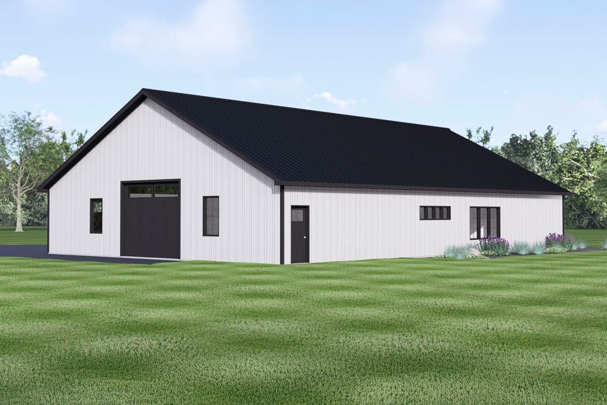 Modern house plan exterior with white vertical siding, black metal roof, large garage door, and multiple windows.