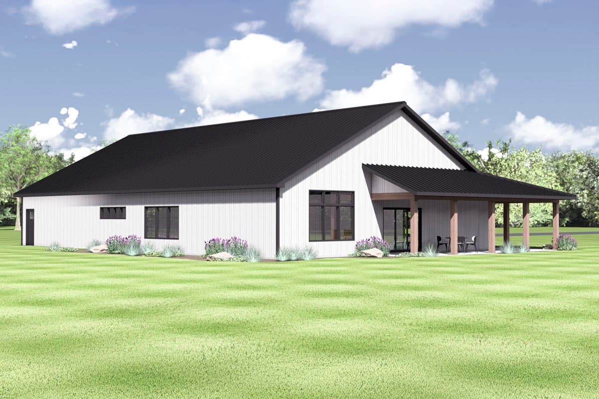 Modern ranch house plan exterior with white vertical siding, black metal roof, and a covered porch with wood posts.