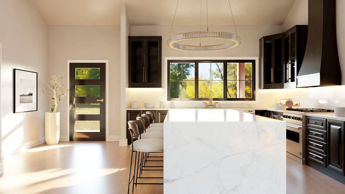 Rendering of a modern kitchen featuring a large island, dark cabinetry, and a wide window overlooking trees.
