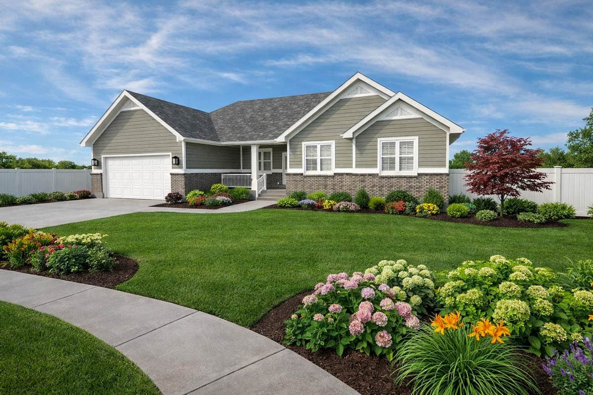 Ranch house plan exterior with pitched gables, siding and brick lower level, and attached garage.