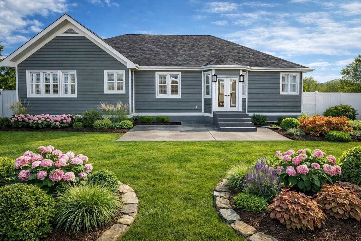 Ranch house plan exterior with a gable roof, dormers, vinyl siding, and a front entry with double doors and steps.