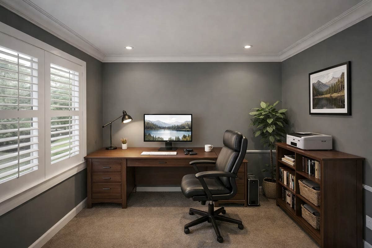 Home office with a wooden desk, computer, chair, bookshelf, and plantation shutters on window.