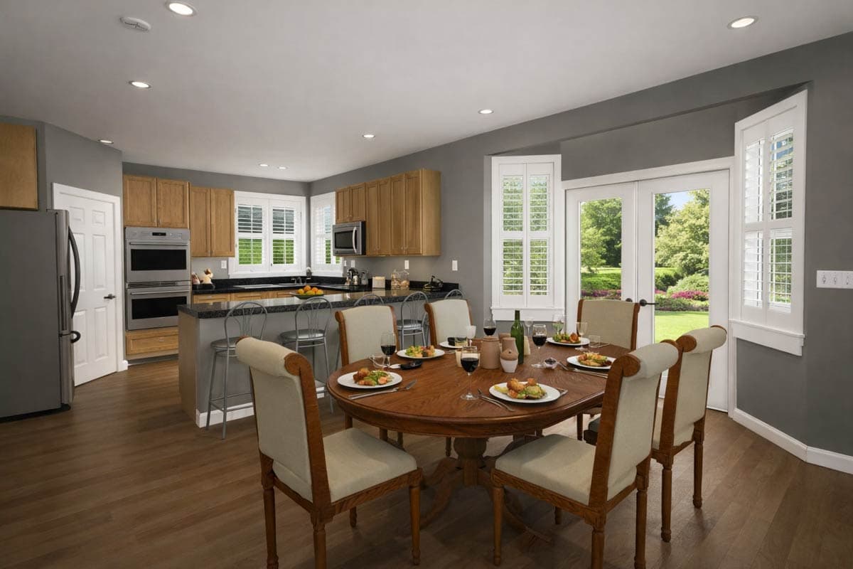 Dining area with oval table and chairs adjacent to kitchen with island and double doors to backyard.