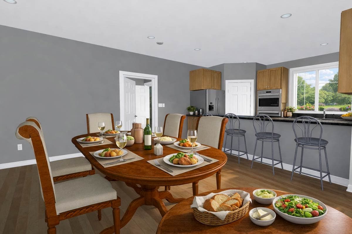 Dining area adjacent to kitchen with breakfast bar, island seating, and table setting.
