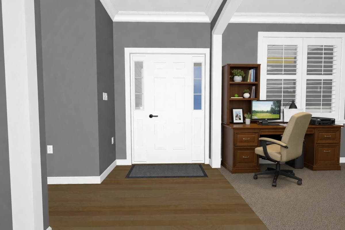 Interior rendering shows a white front door with sidelights and an adjacent office space with a wooden desk, computer, and chair.