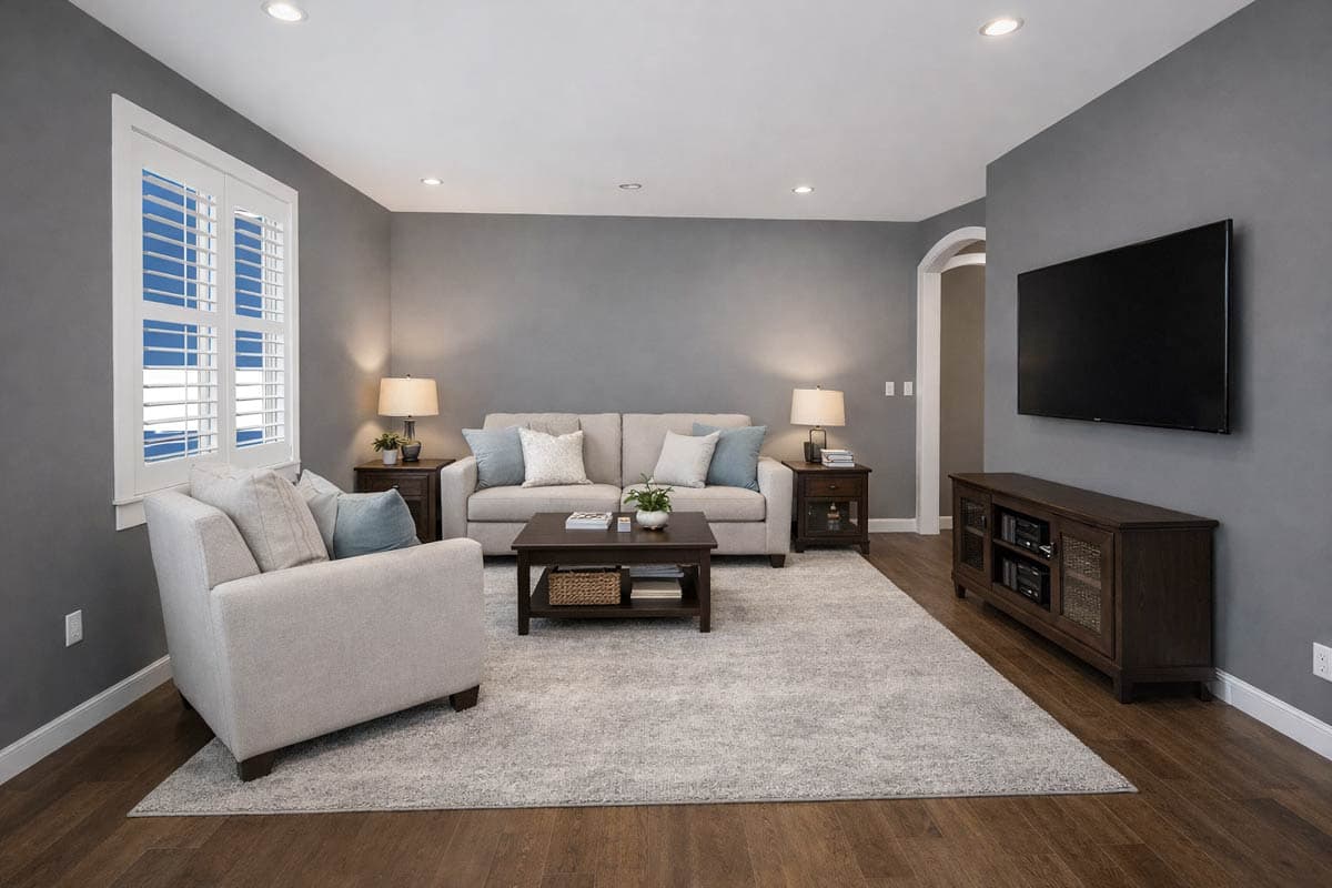 Interior view of a living room with a sofa, armchair, coffee table, and media console, featuring gray walls and plantation shutters.