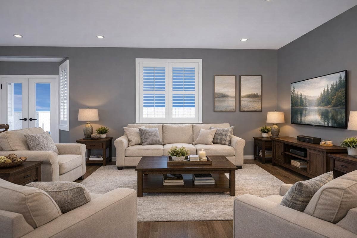Interior view of a living room featuring a sofa, two armchairs, coffee table, media console with television, and plantation shutters.