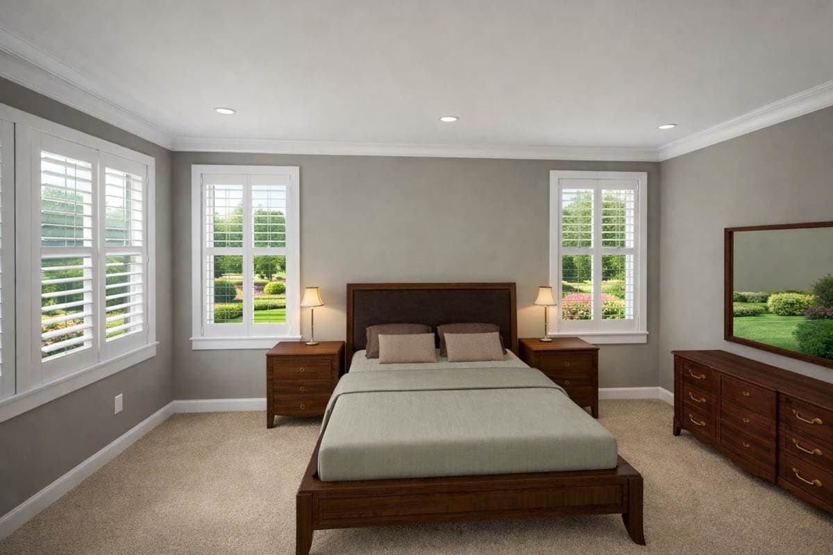 Bedroom interior with queen bed, two nightstands, dresser, and plantation shutters on windows.