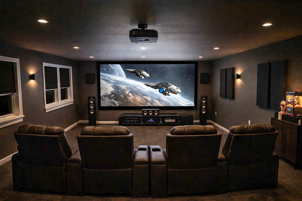 Home theater with projector, large screen, four recliners, surround sound speakers, and ambient wall lighting.