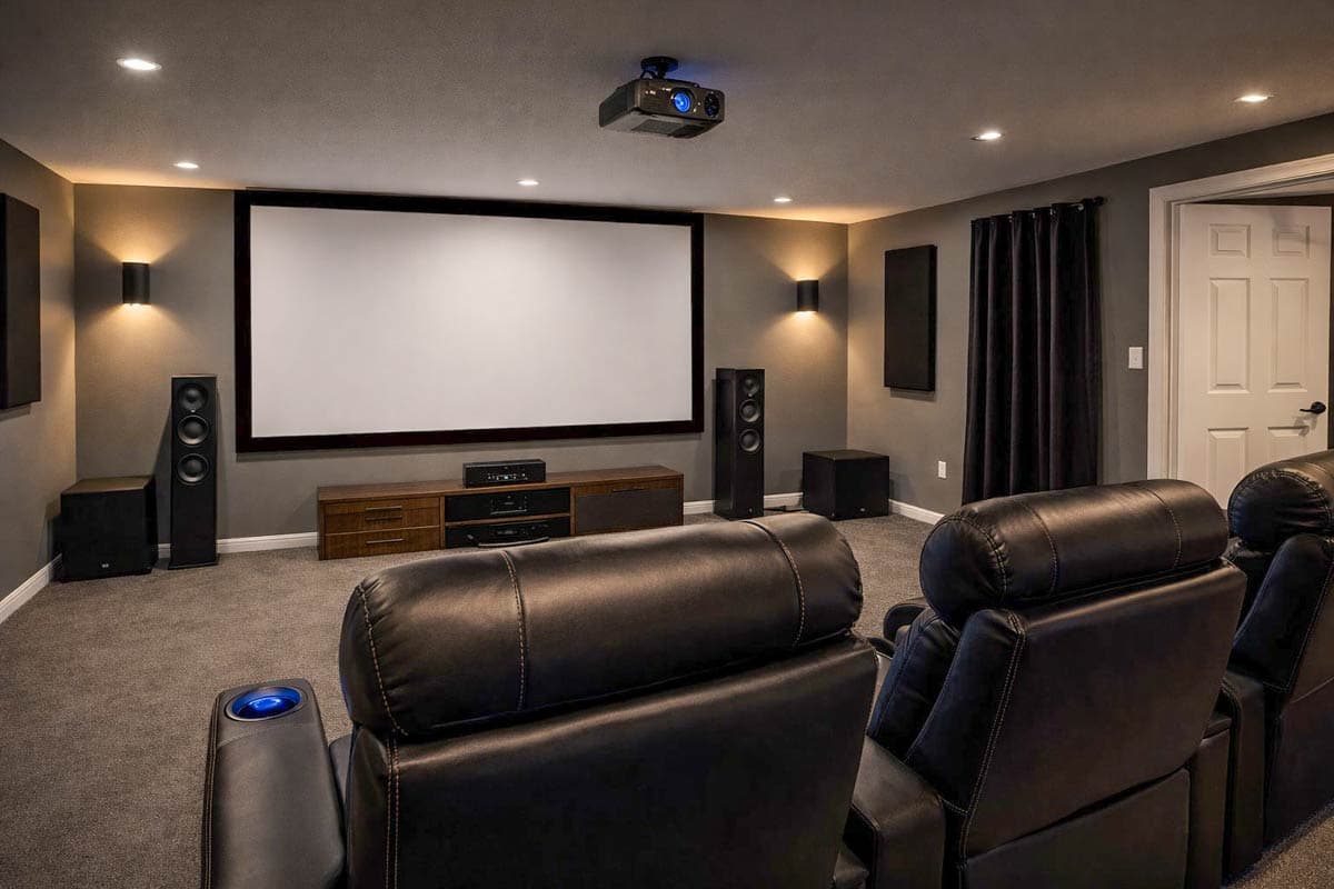 Home theater with projector, large screen, tiered seating, surround sound speakers, and media console.