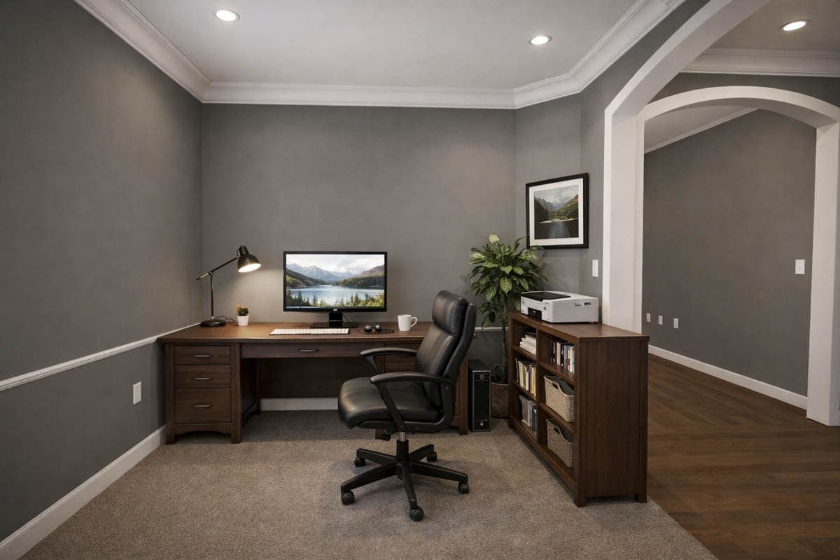 Home office with desk, computer, ergonomic chair, and bookshelf. Archway leads to another room.