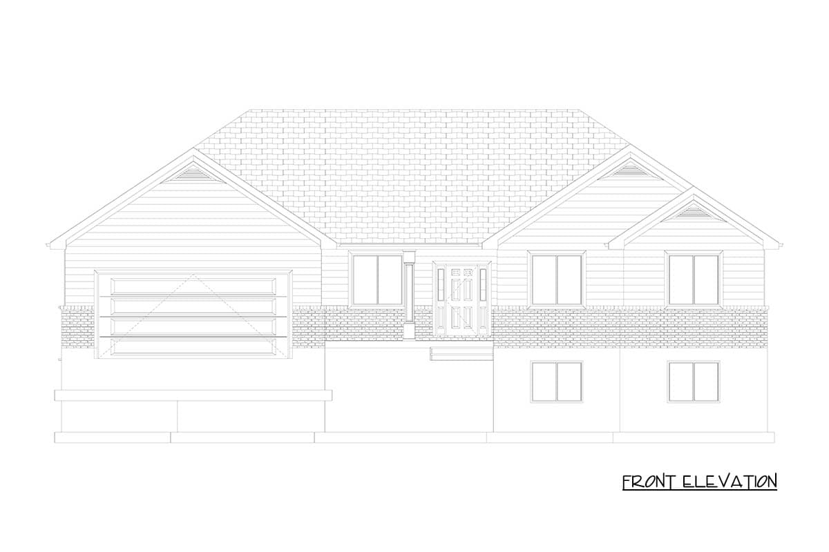 Front elevation drawing of a house plan with a prominent gable, brick accent, garage, and front door.