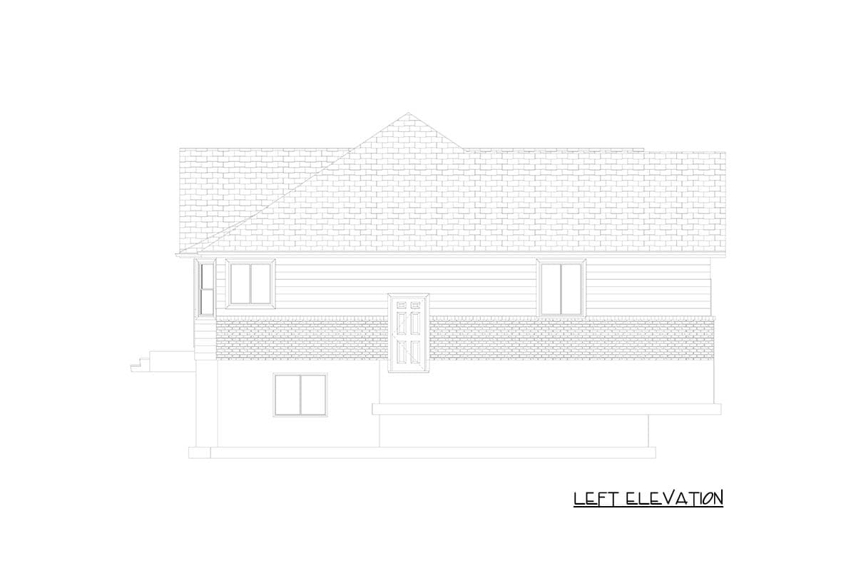 Left elevation drawing of a two-story house plan with a pitched roof, siding, brick base, and multiple windows.