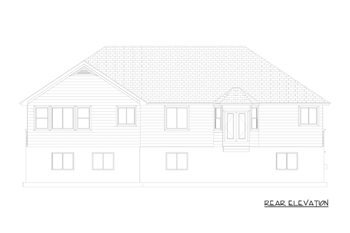 Rear elevation drawing of a two-story house plan with siding, multiple windows, and a centered double-door entrance with a decorative roof.